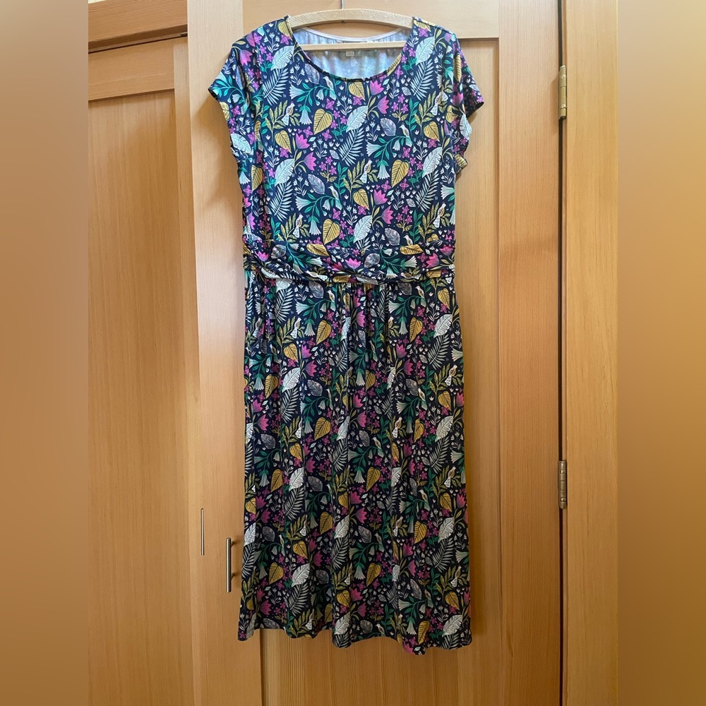 Boden Floral Jersey Dress, navy with Pink and Yellow Accents, 12L